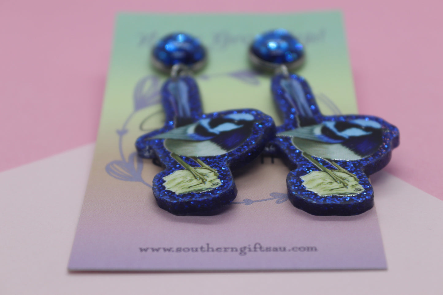 Glitter Blue Fairy Wren Statement Earrings