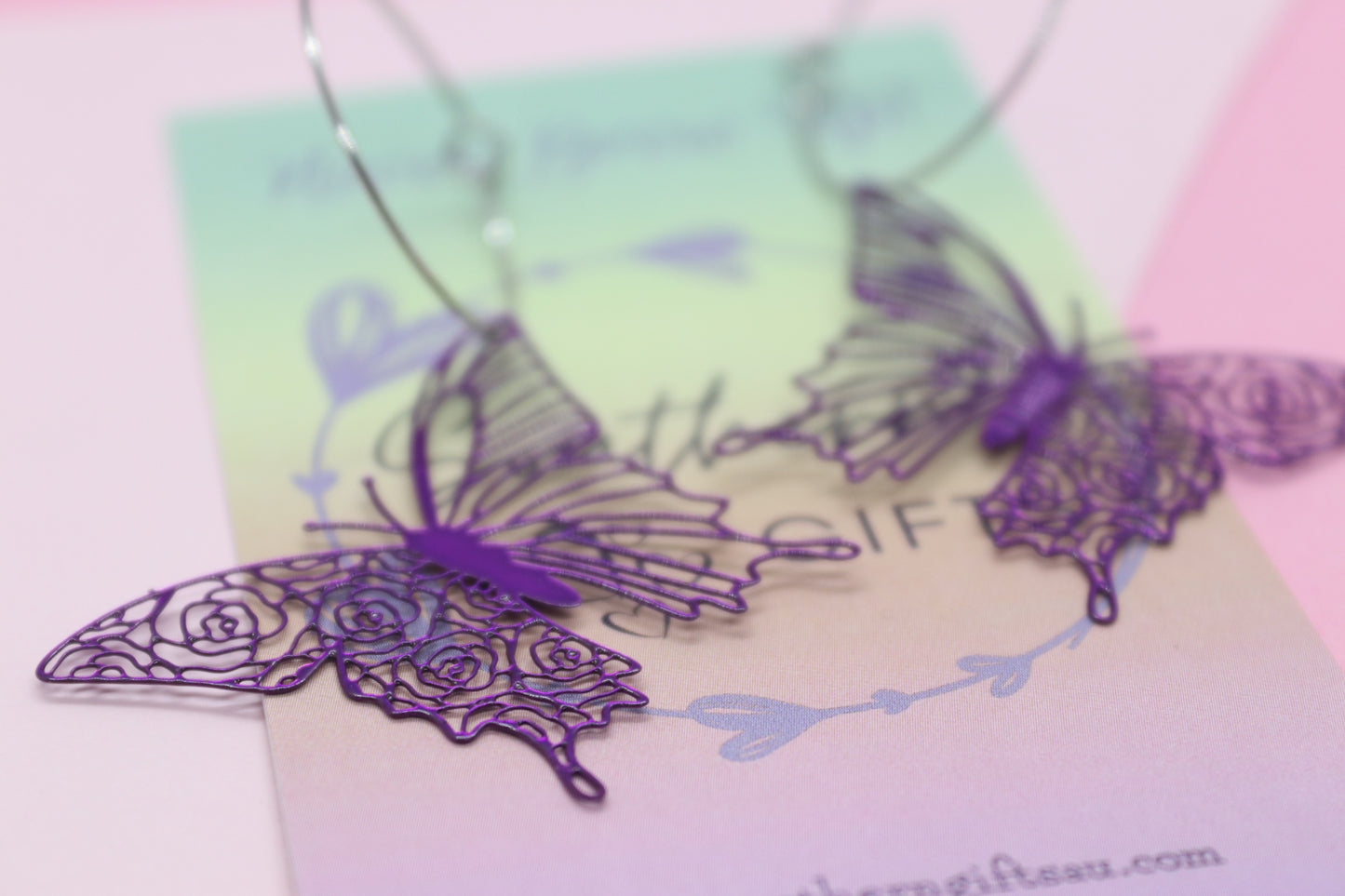 Filigree Purple Butterfly Hoops