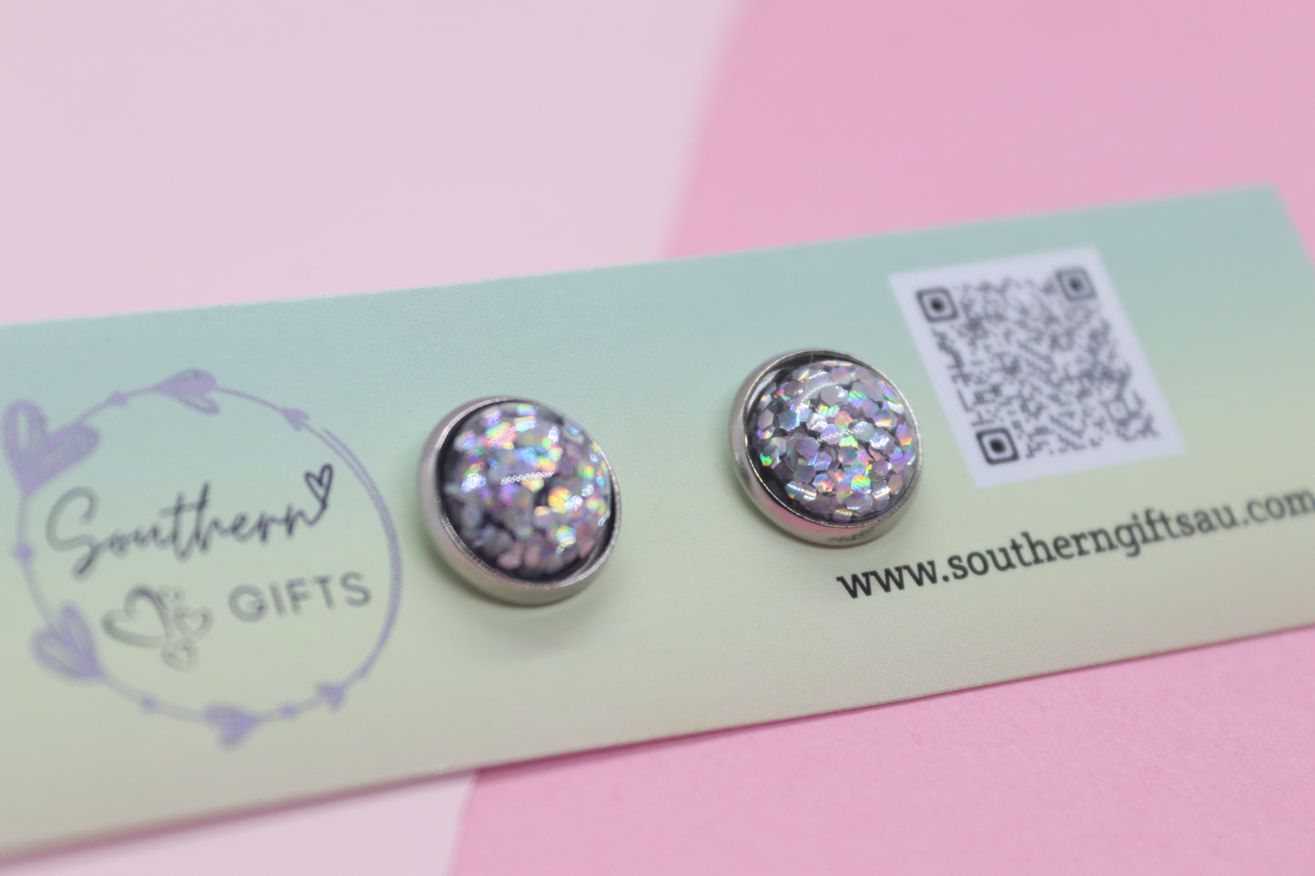 10mm Deluxe Holographic Silver Stud Earrings