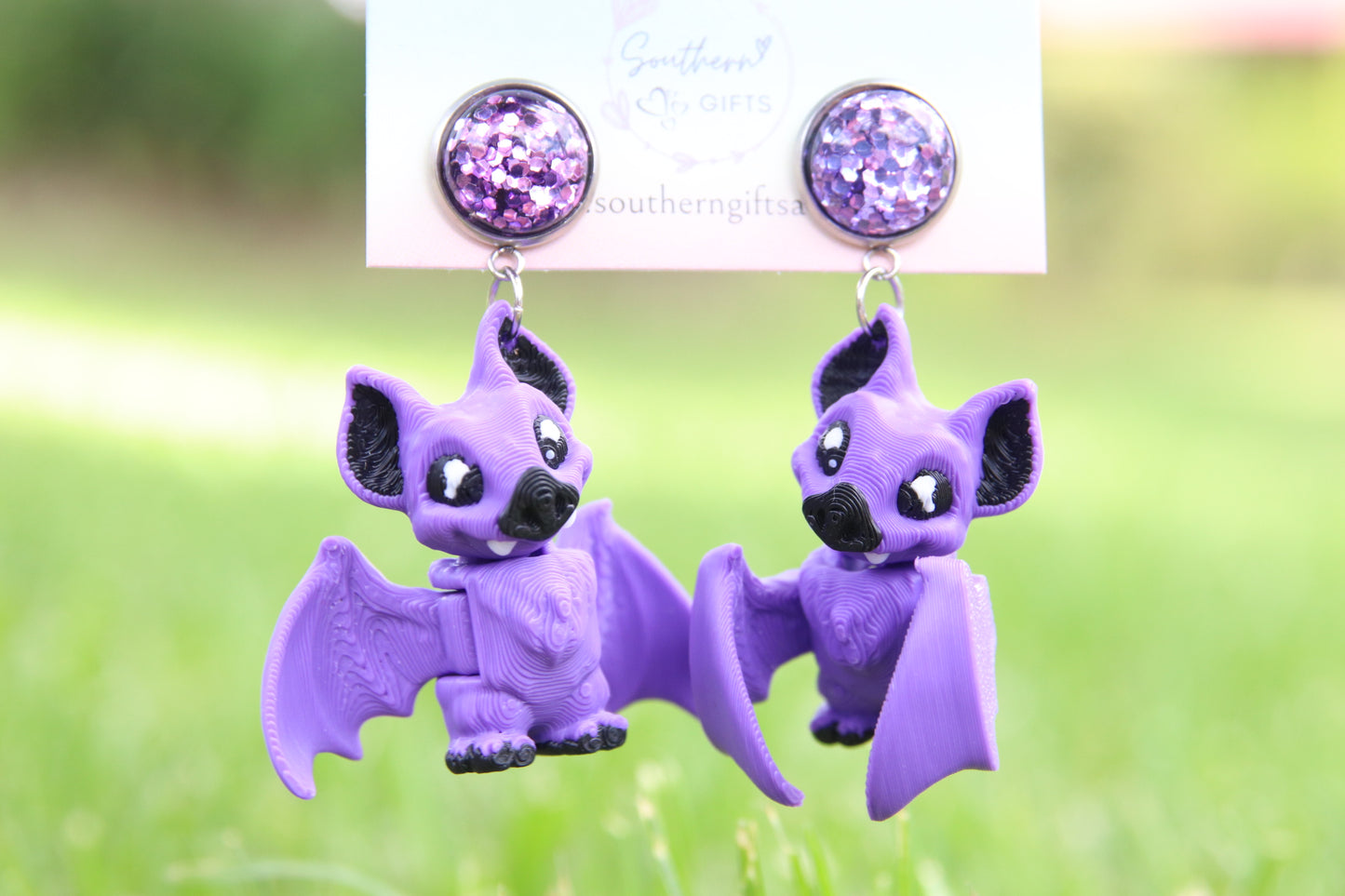 3D Purple Bat Earrings