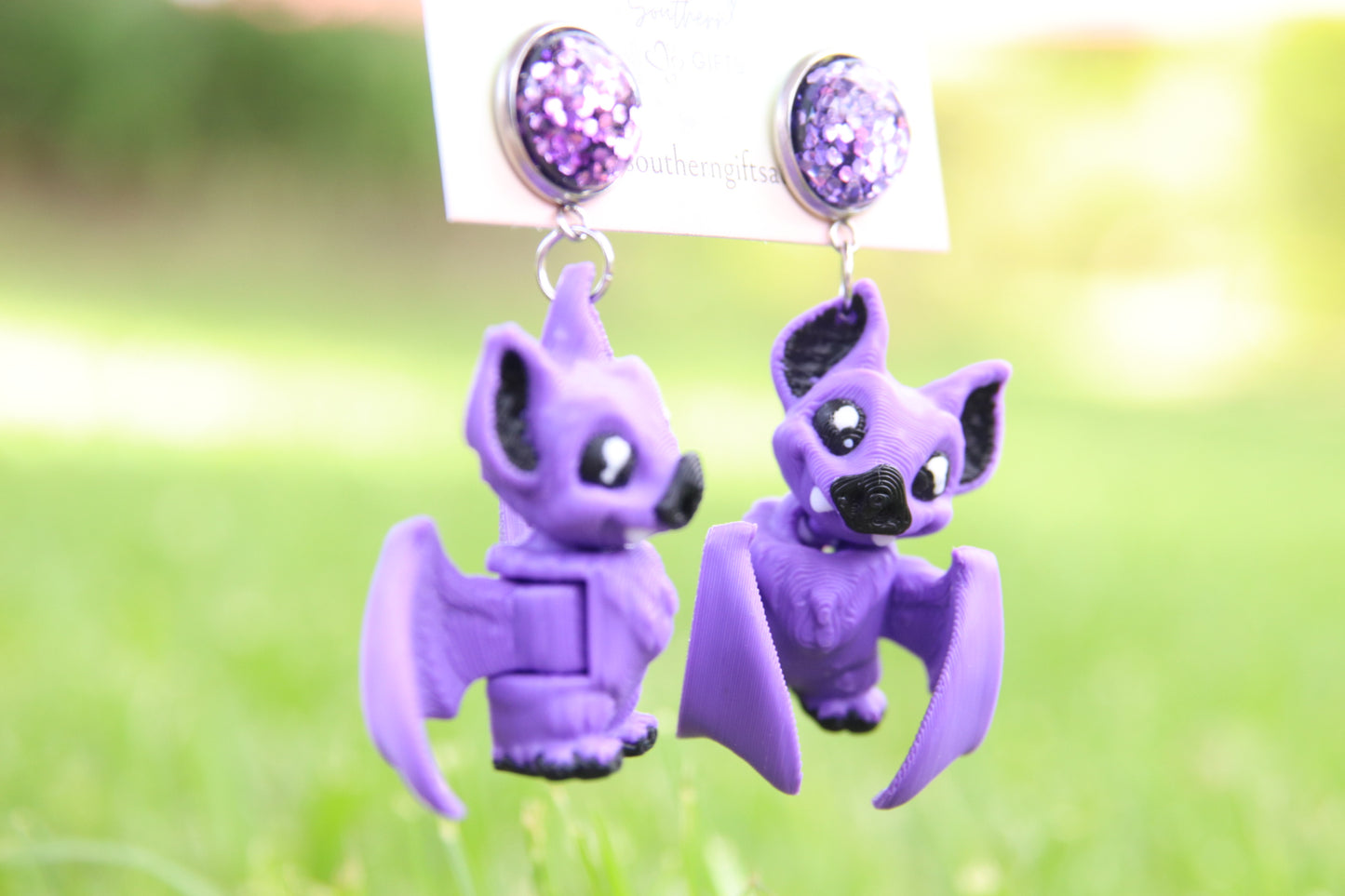3D Purple Bat Earrings