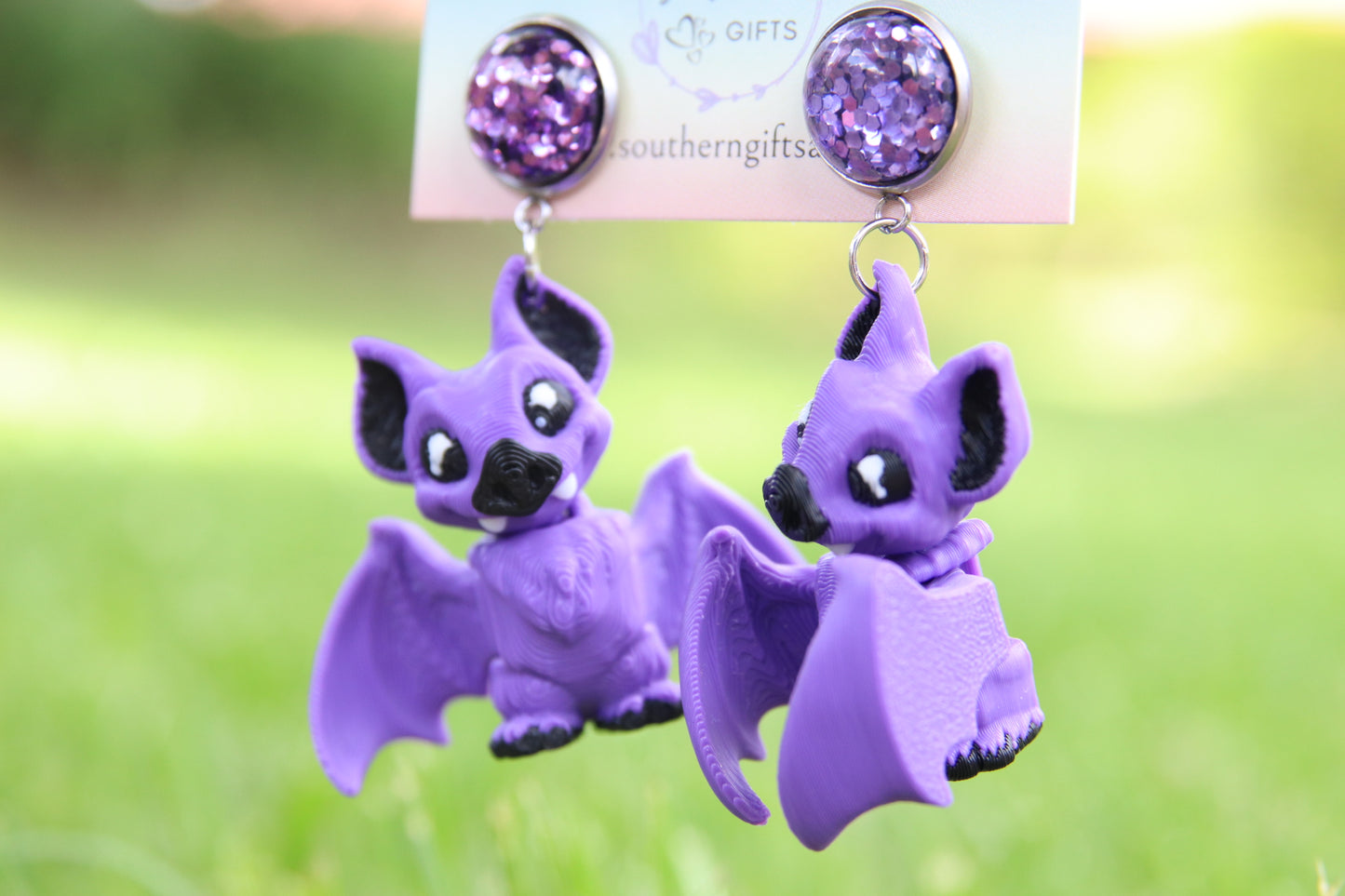3D Purple Bat Earrings