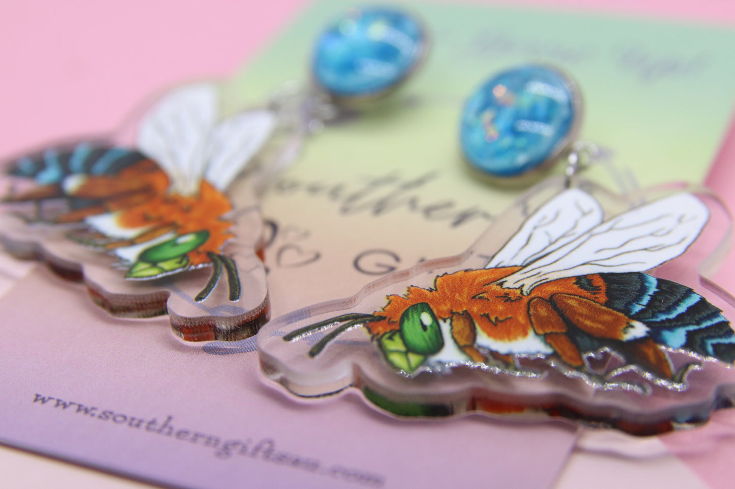Blue Banded Bee Statement Earrings