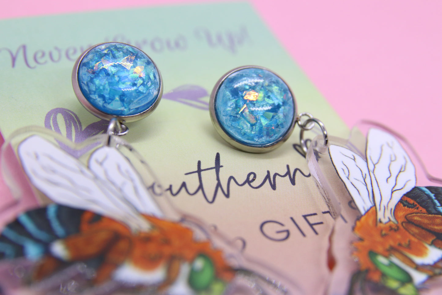 Blue Banded Bee Statement Earrings