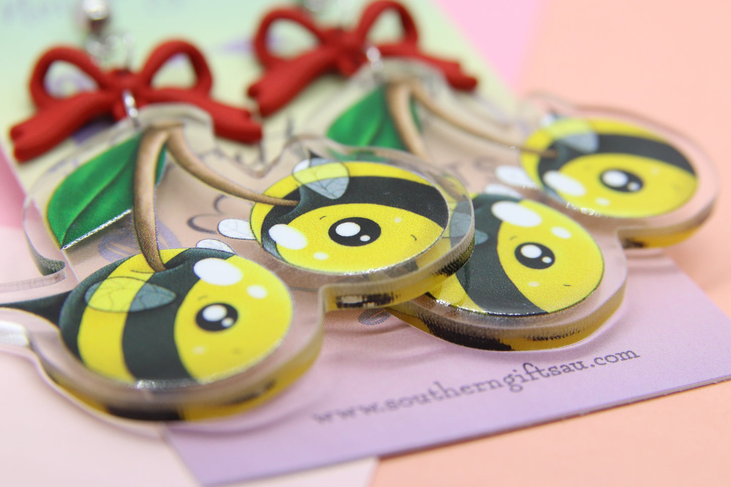 Cherry Bee With Bow Earrings