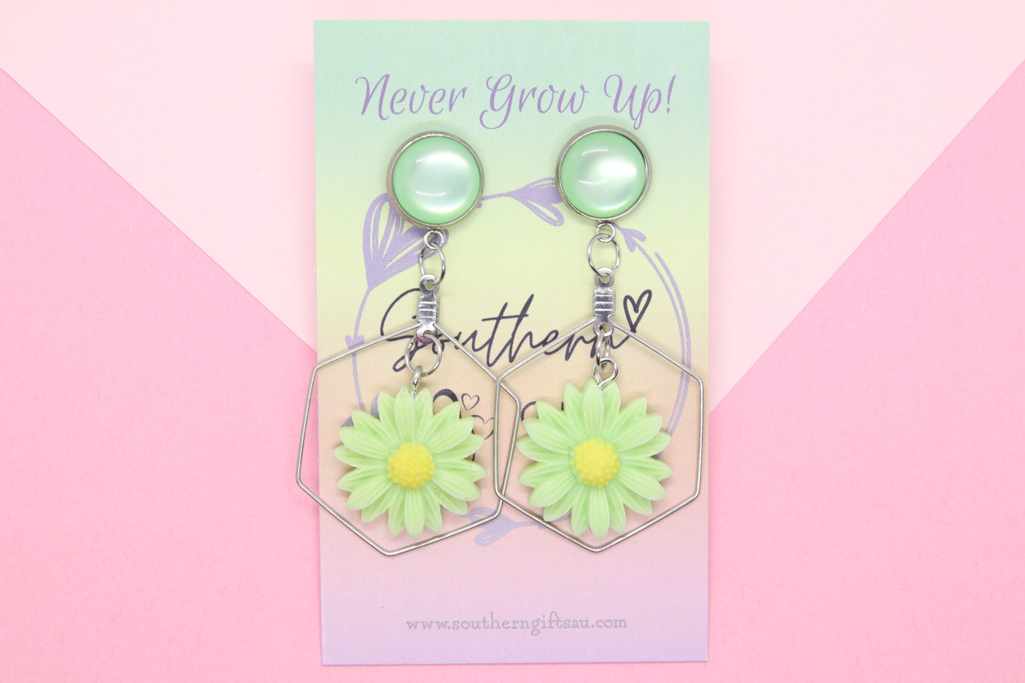 3D Green Daisy Layered Earrings
