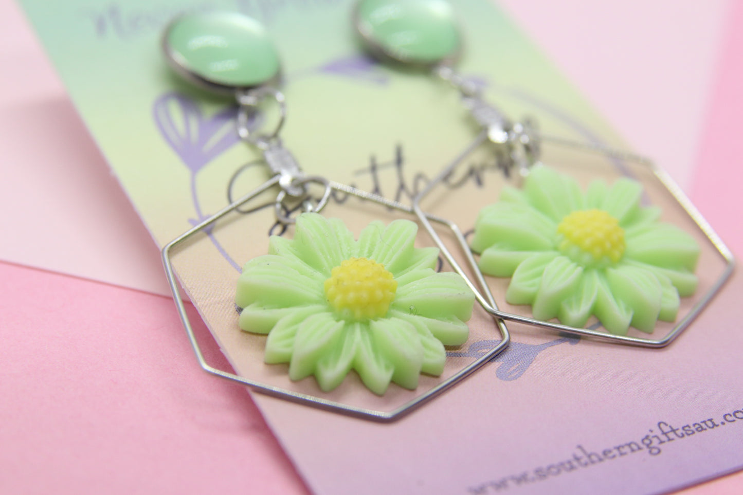 3D Green Daisy Layered Earrings
