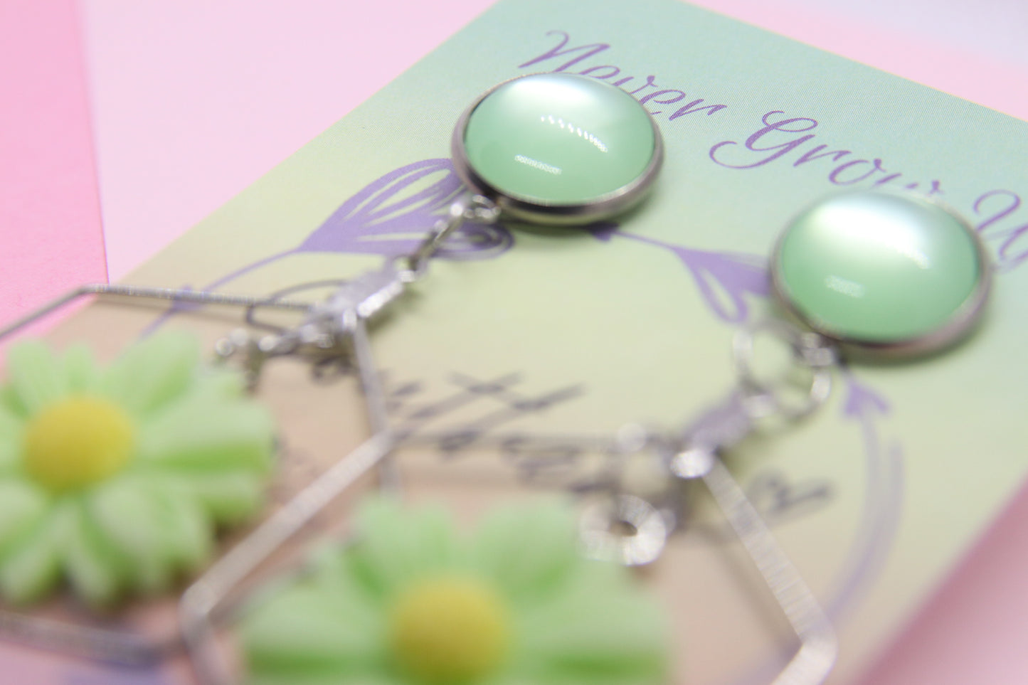 3D Green Daisy Layered Earrings