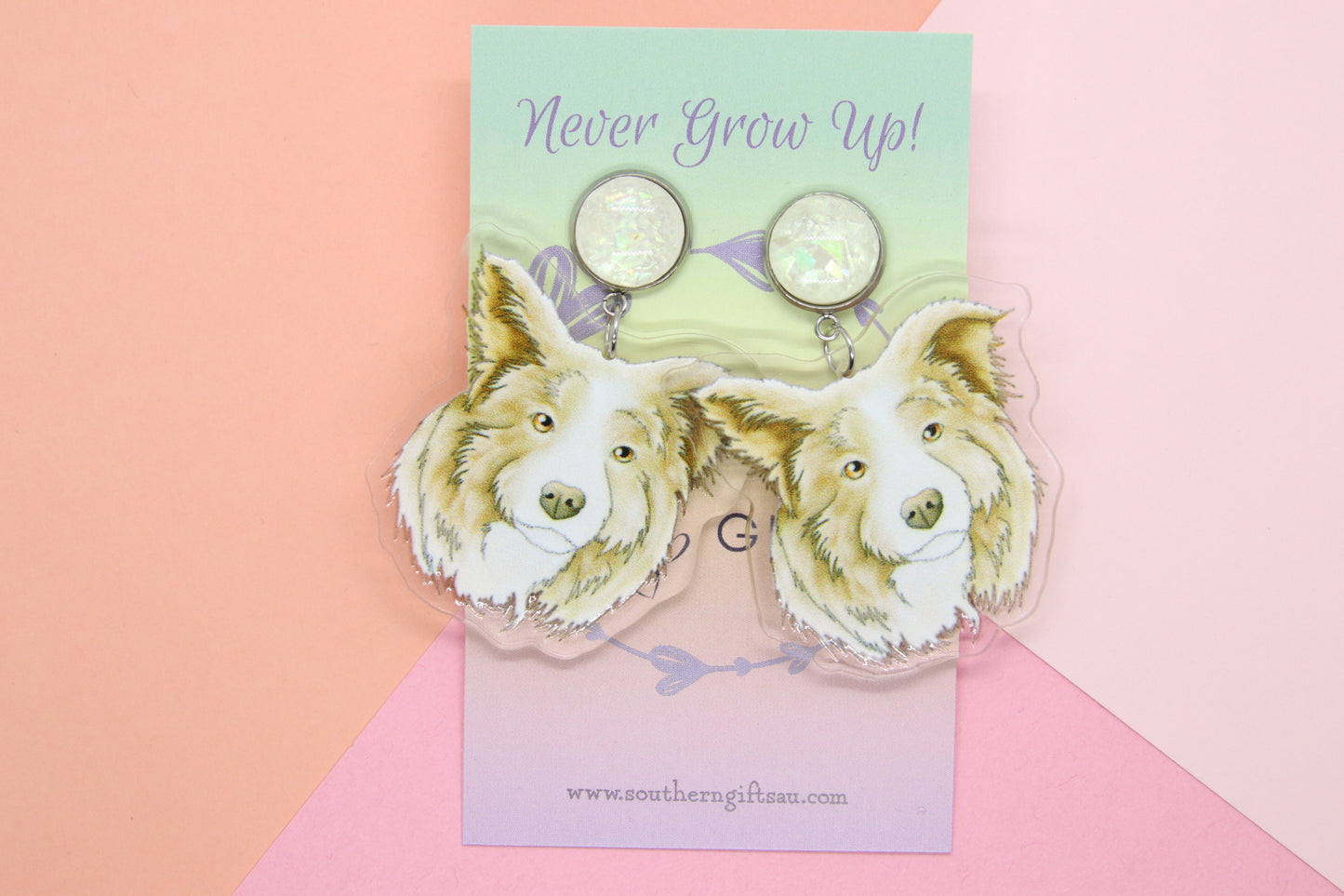 Cream and White Border Collie Earrings