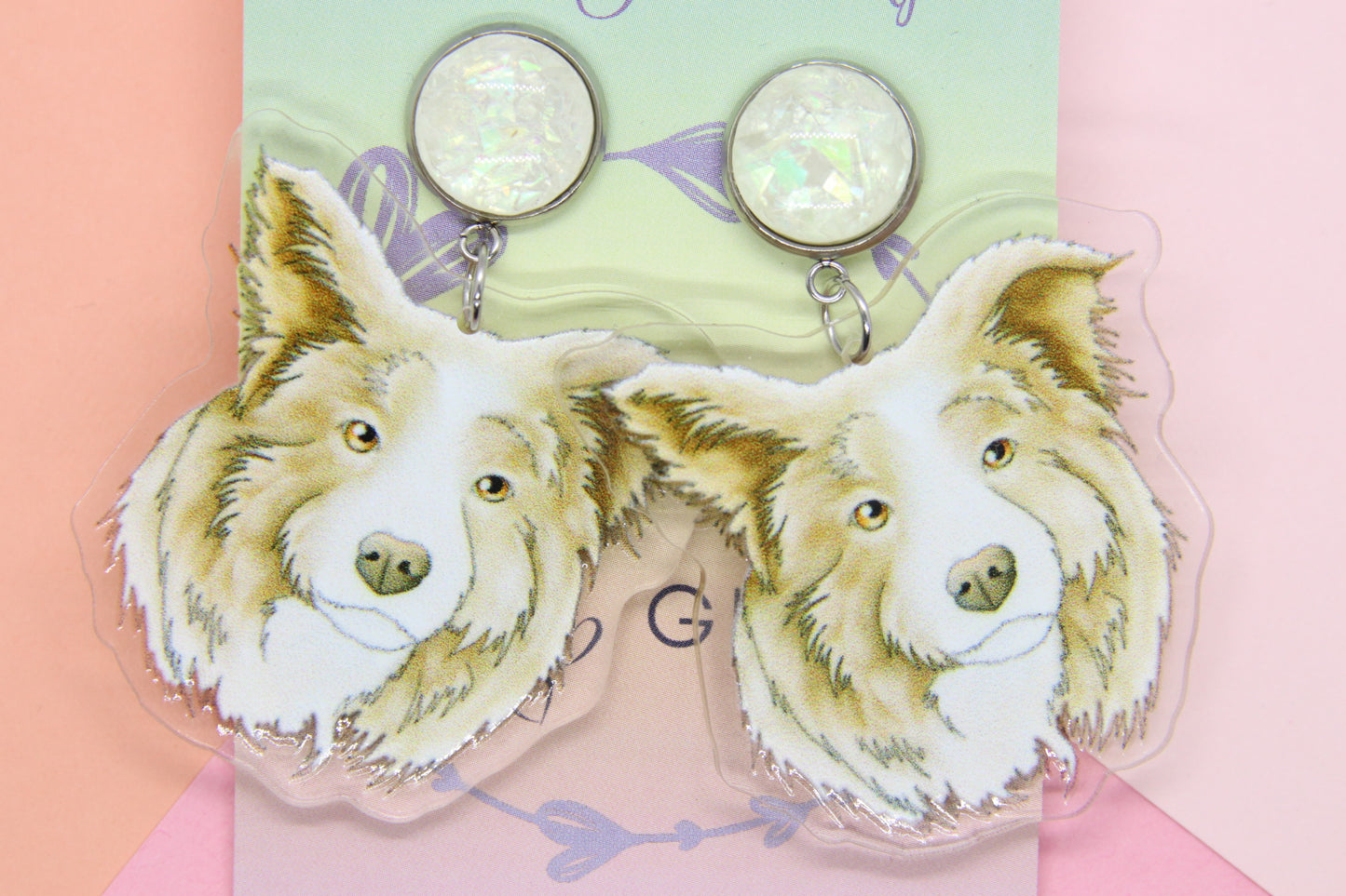 Cream and White Border Collie Earrings