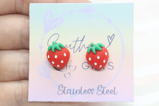 Small 3D Strawberry Statement Stud Earrings