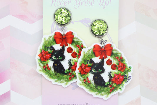 Standard Christmas Cat Wreath Statement Earrings