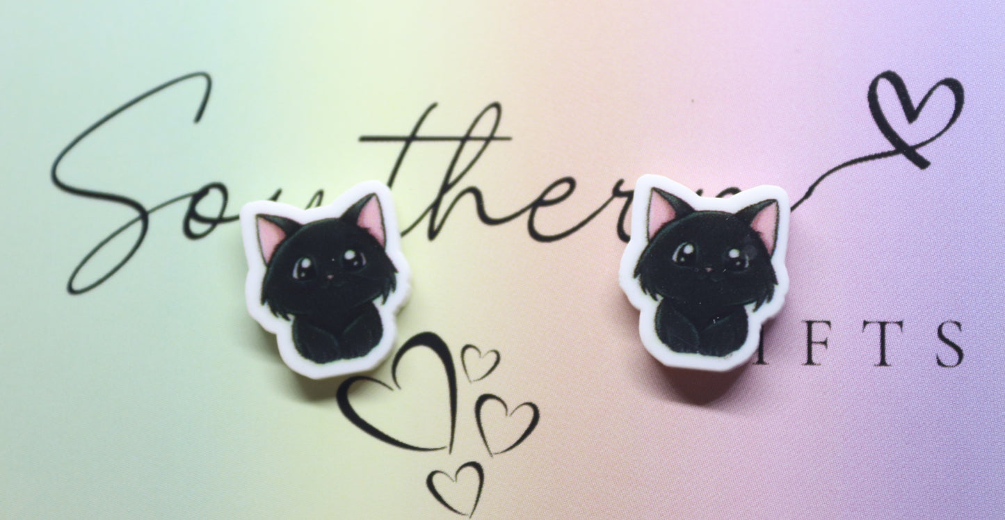 Small Black Cat Statement Stud Earrings