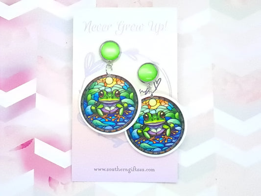 Petite Frog Statement Earrings - Green Top