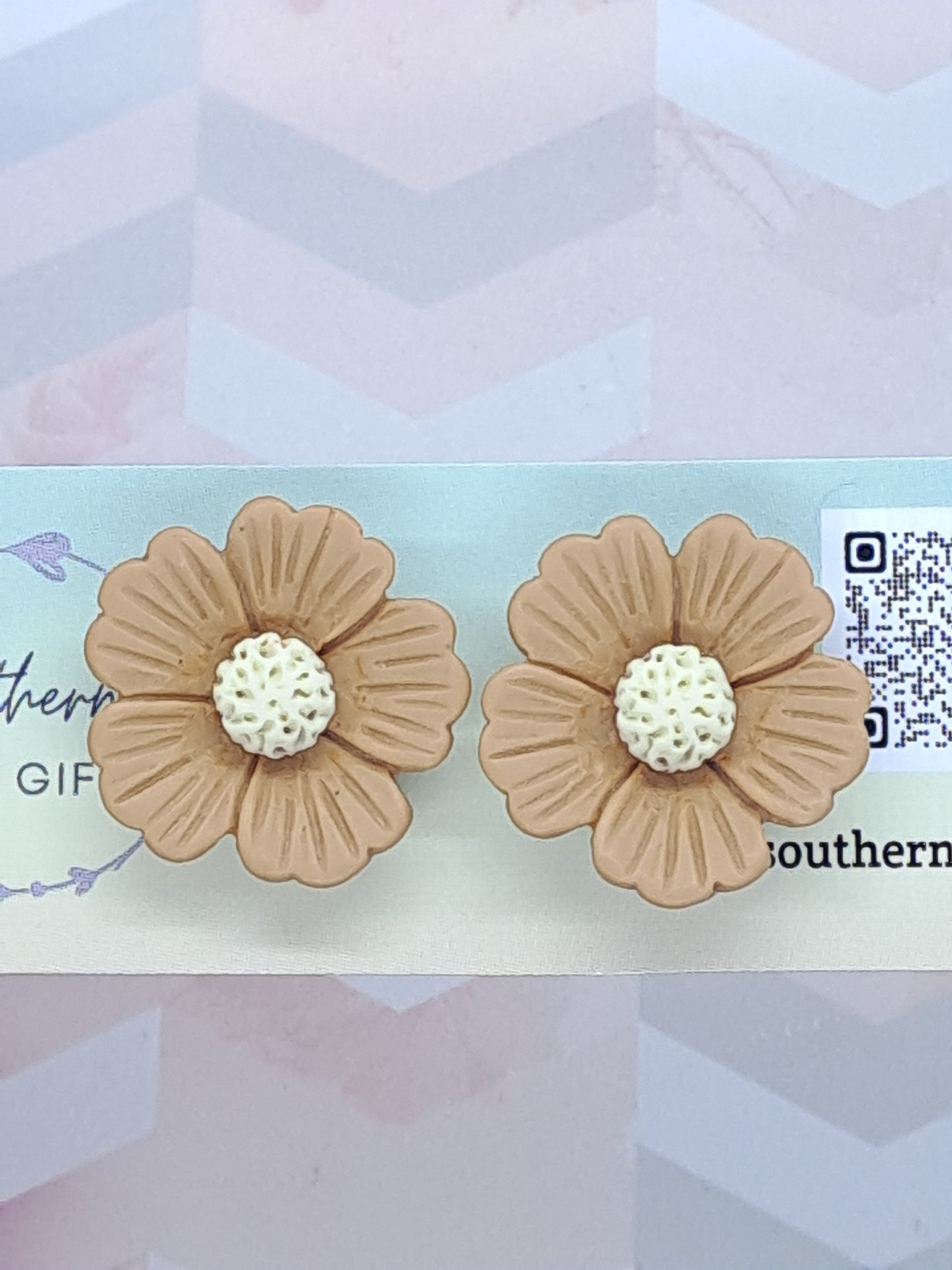 Large Tan Flower Statement Stud Earrings