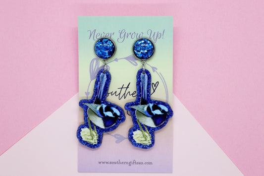 Glitter Blue Fairy Wren Statement Earrings