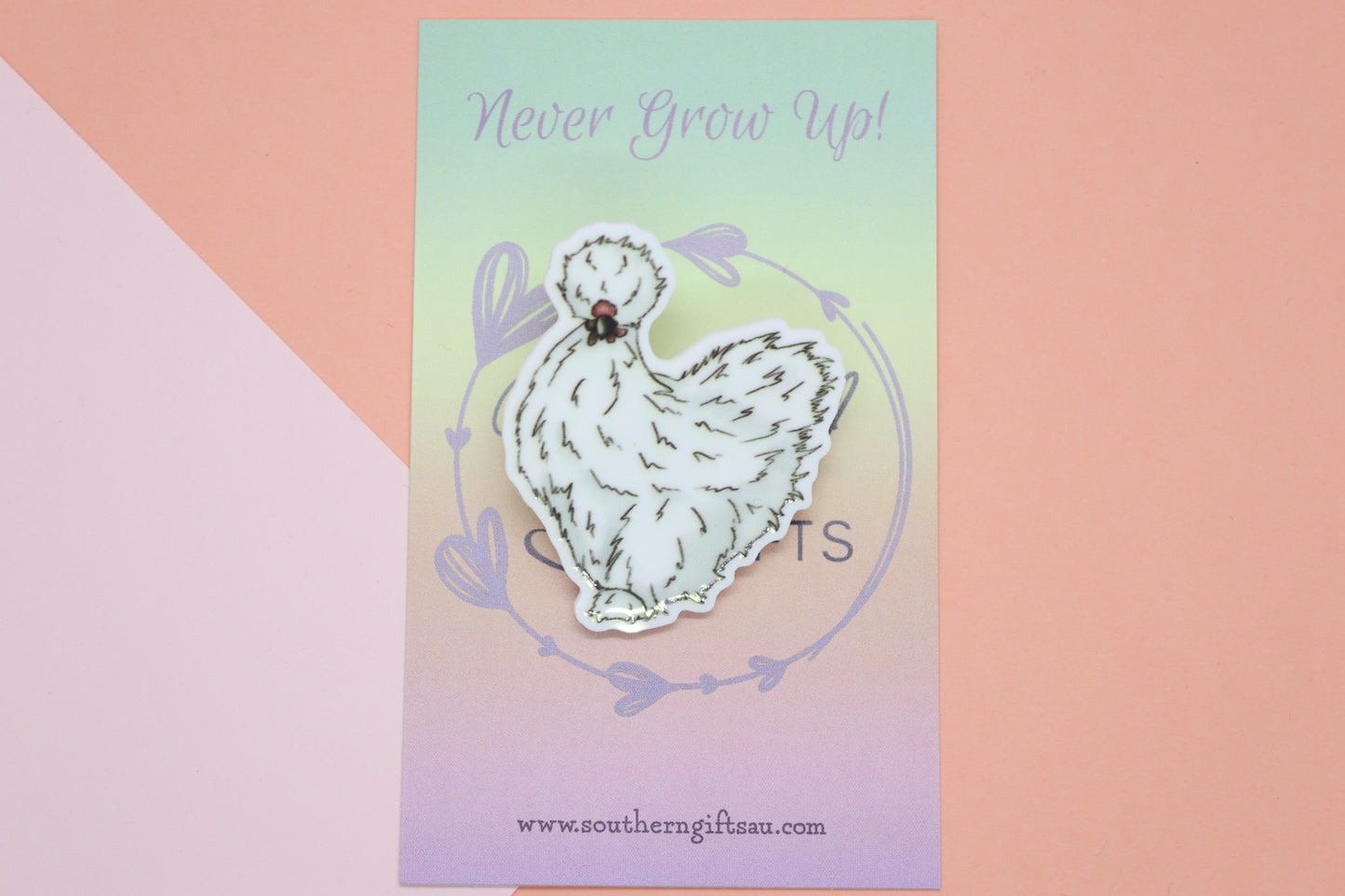 White Silkie Chicken Badge