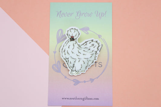 White Silkie Chicken Badge