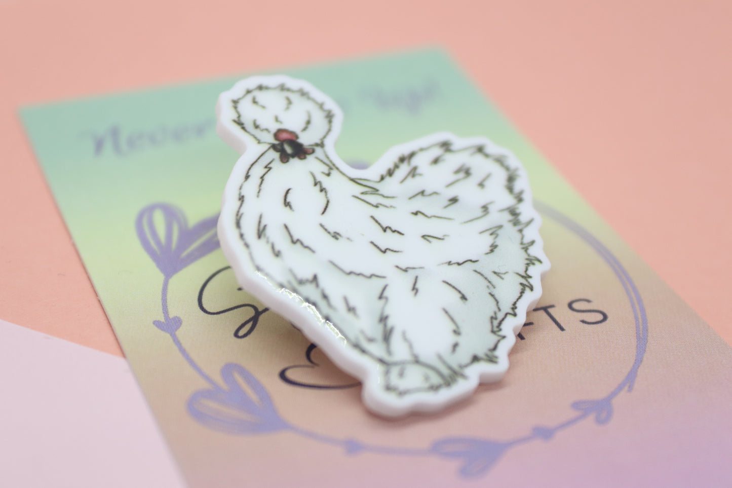 White Silkie Chicken Badge