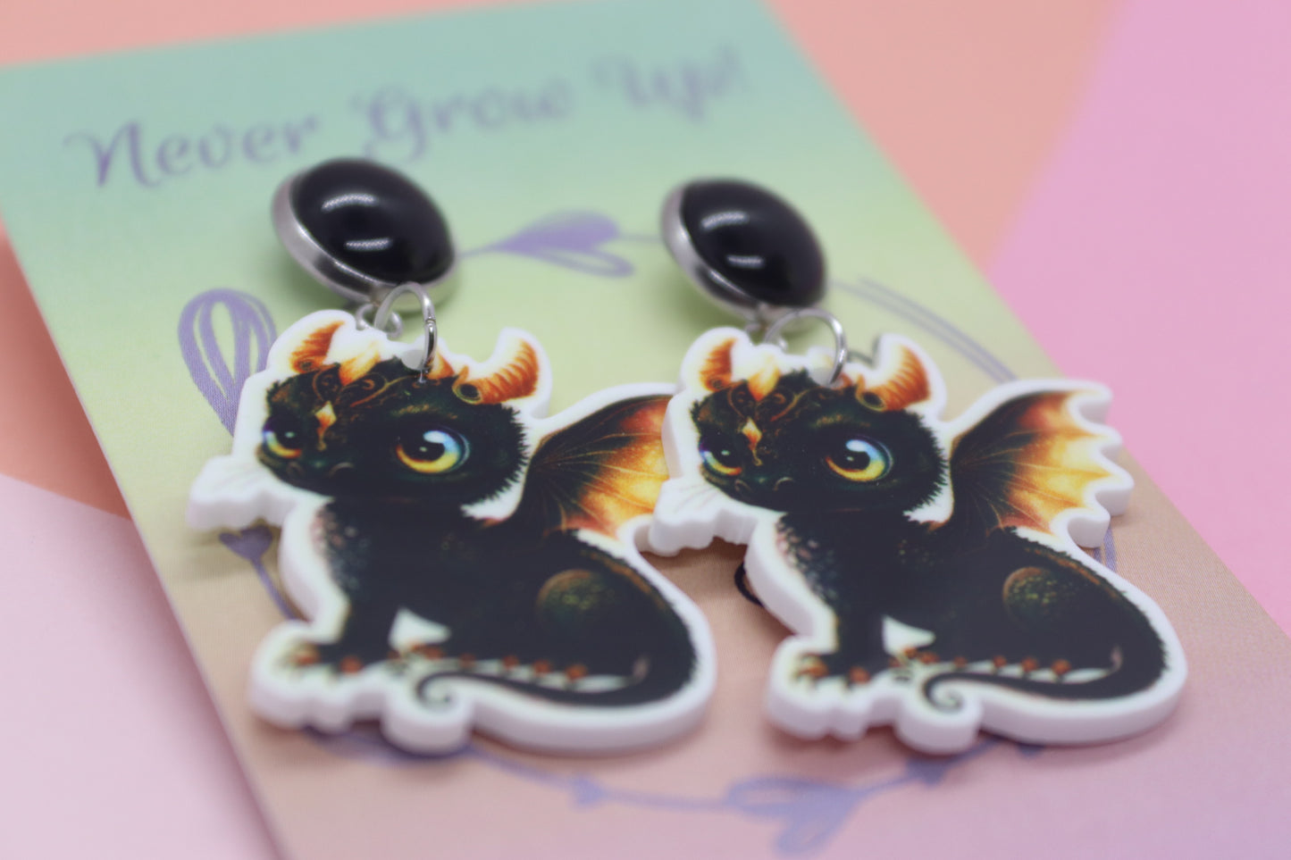 Petite Black Cat Dragon Earrings
