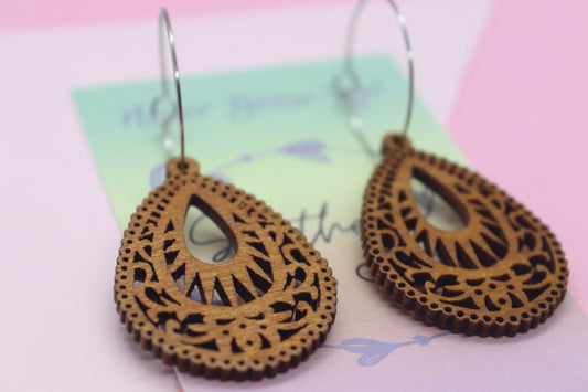 Wooden Brown Tear-drop Hoops