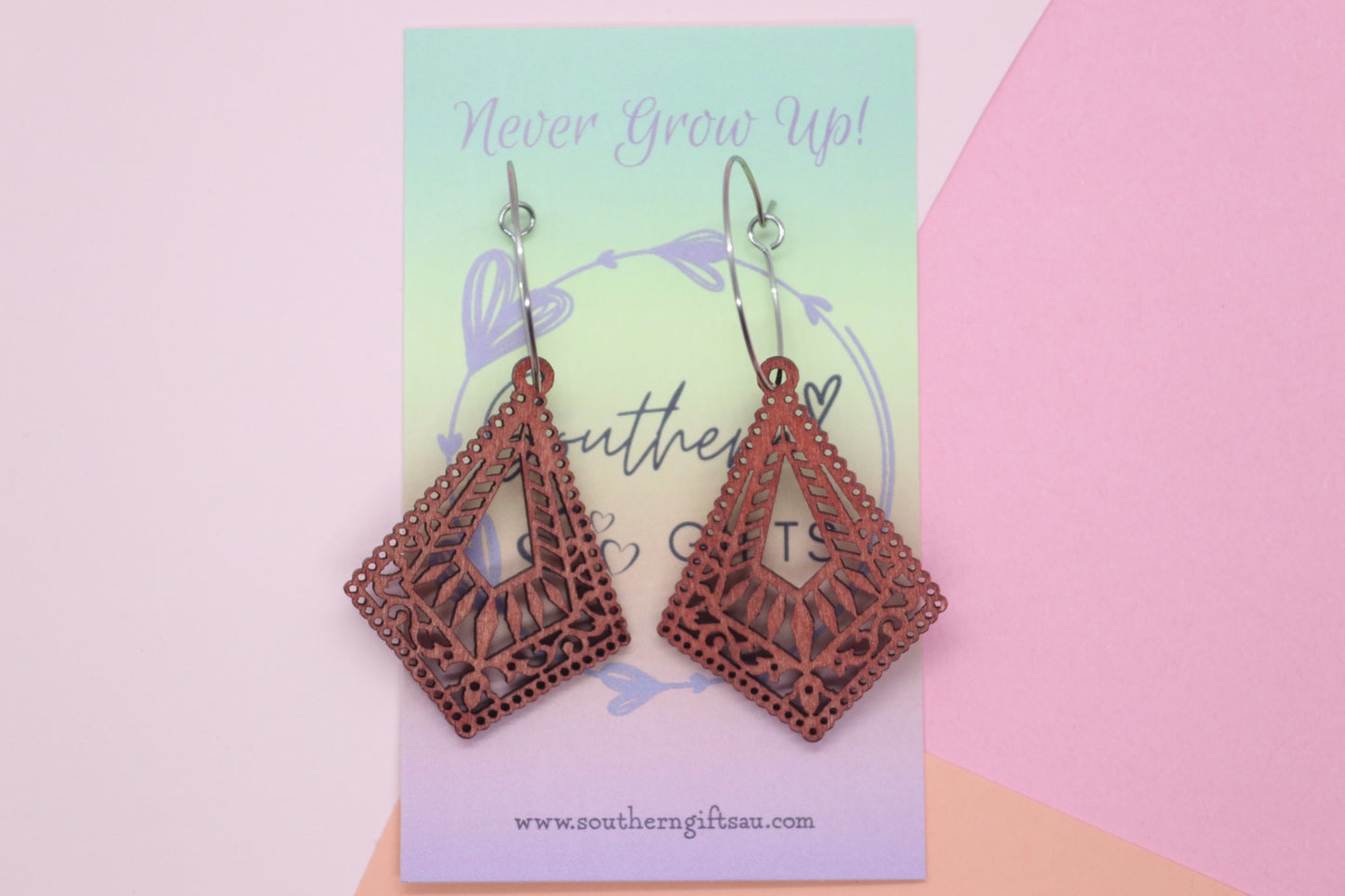 Wooden Red/Brown Diamond Hoops