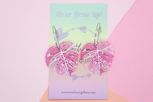 Filigree Pink Monstera Leaf Hoops