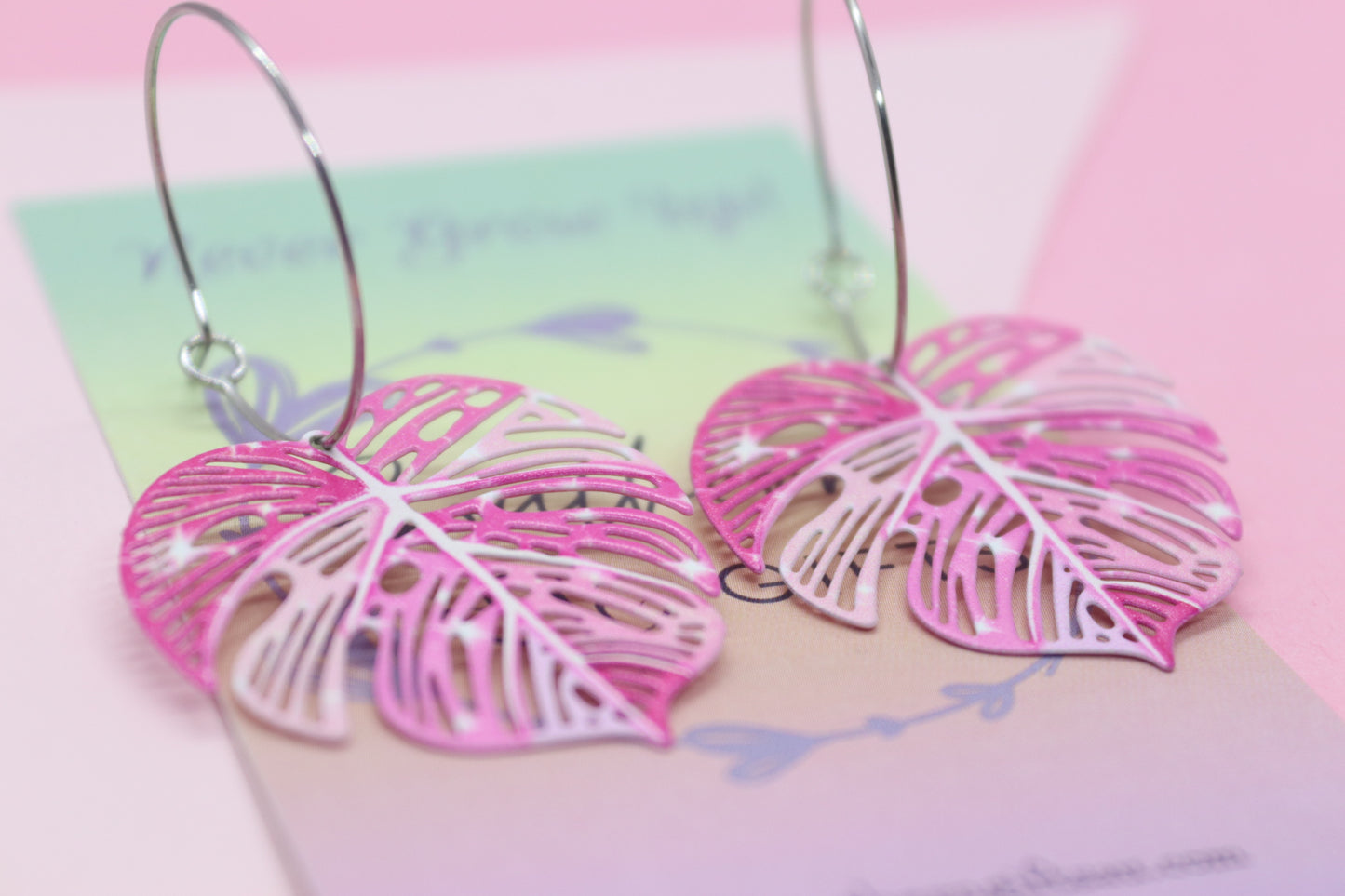 Filigree Pink Monstera Leaf Hoops