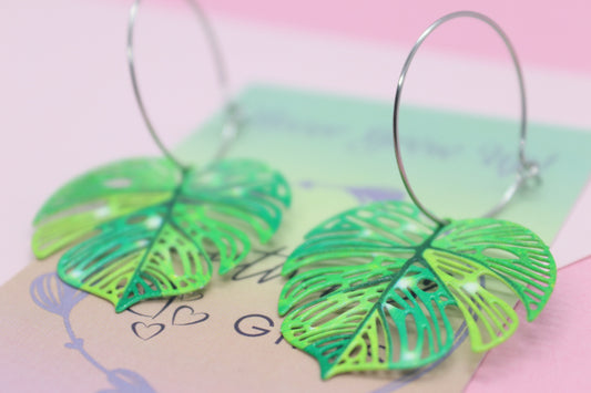 Filigree Green Monstera Leaf Hoops