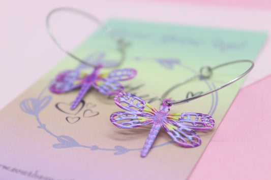 Filigree Purple Dragonfly Hoops