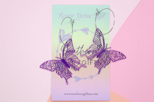 Filigree Purple Butterfly Hoops