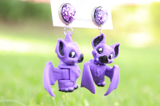 3D Purple Bat Earrings
