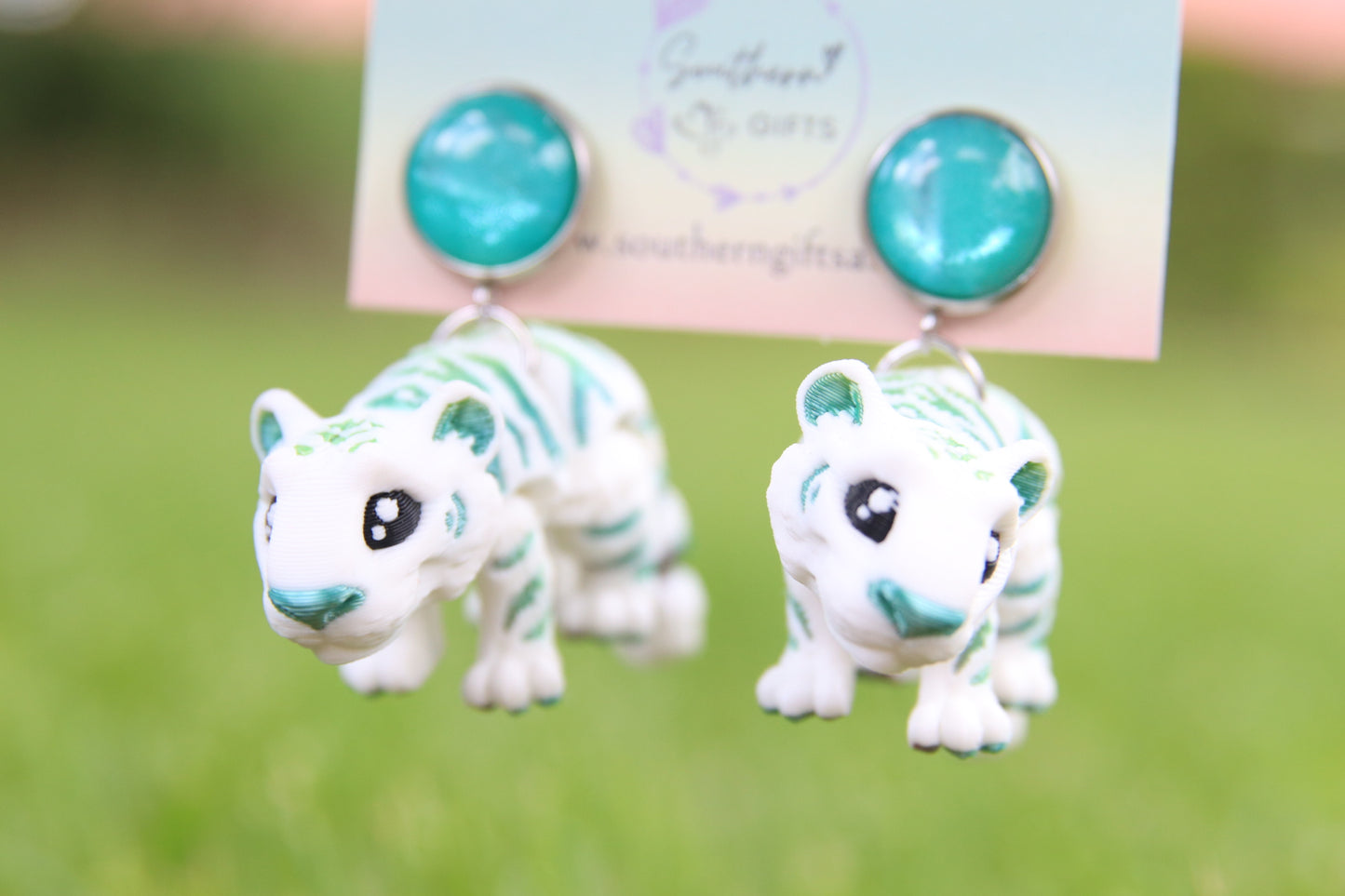 3D Tiger Earrings - Blue Top