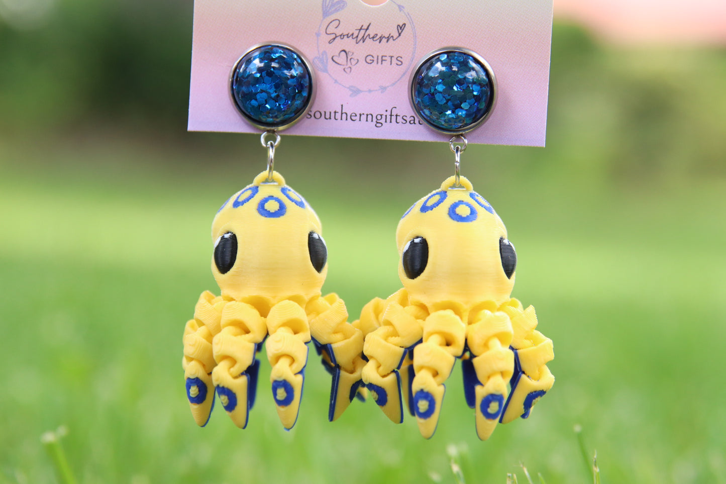 3D Blue Ring Octopus Earrings