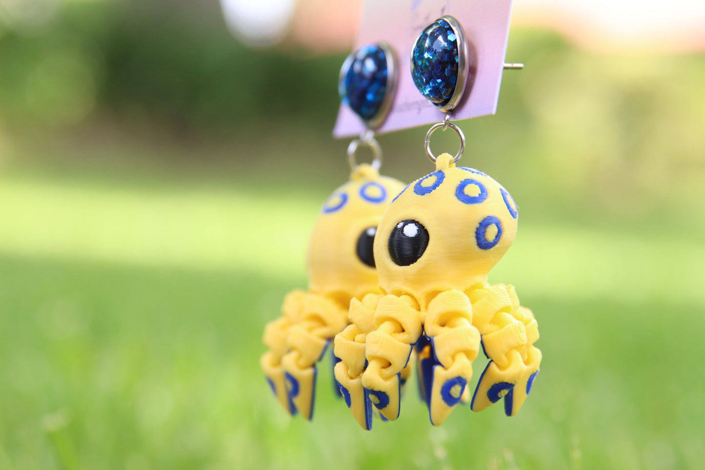 3D Blue Ring Octopus Earrings