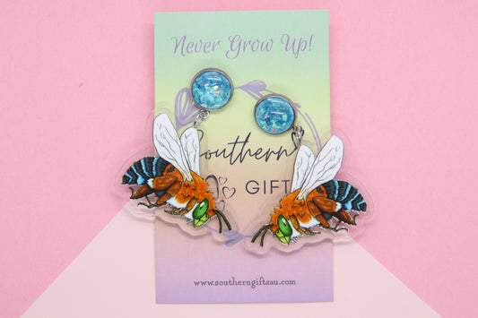 Blue Banded Bee Statement Earrings