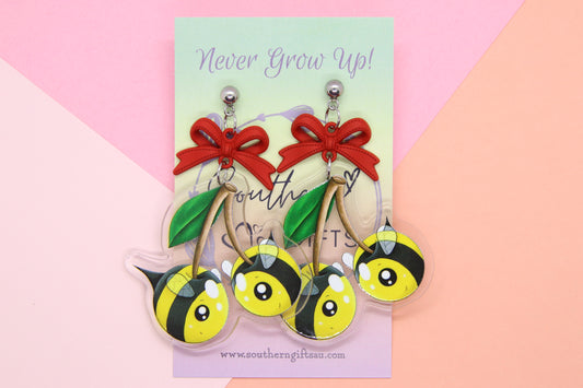 Cherry Bee With Bow Earrings