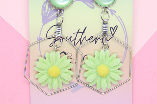 3D Green Daisy Layered Earrings