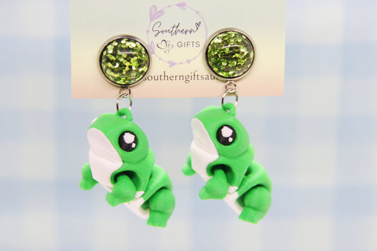 3D Green Frog Earrings
