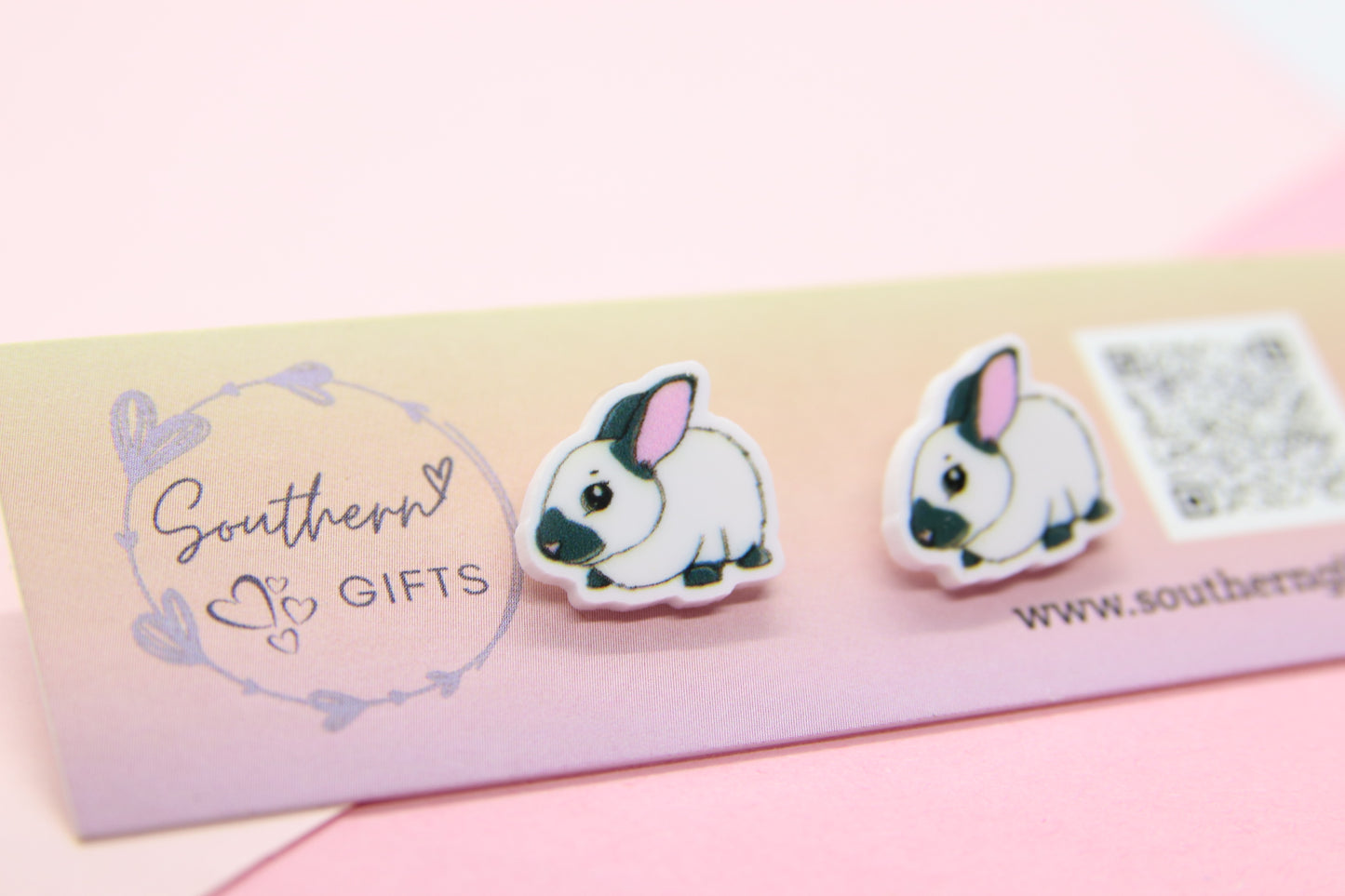 Grey and White Rabbit Stud Earrings