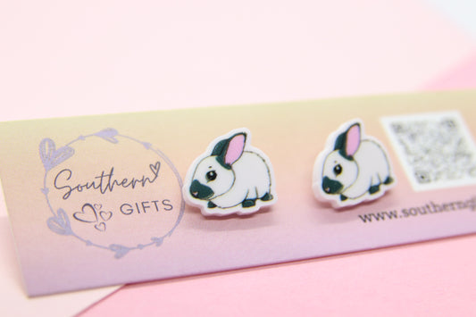 Grey and White Rabbit Stud Earrings