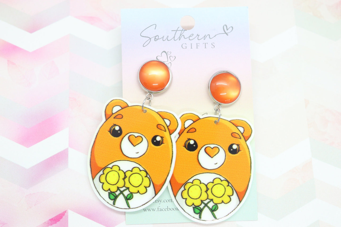 Standard Orange Flower Bear Statement Earrings