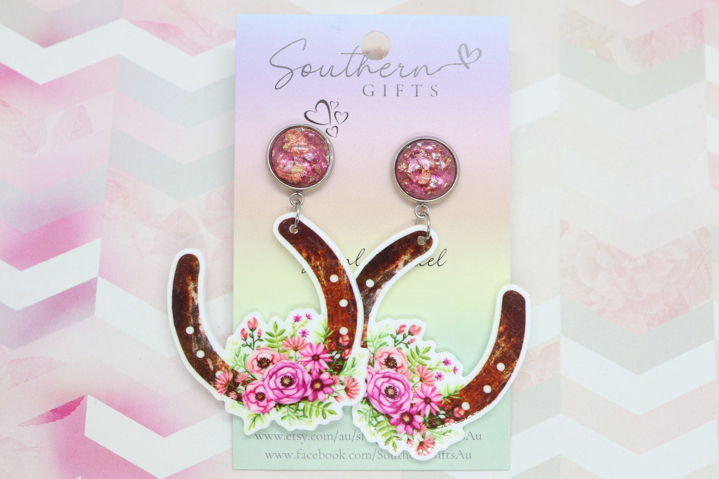 Standard Pink Flowers Horseshoe Statement Earrings