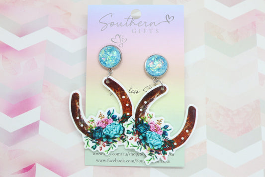 Standard Blue Flowers Horseshoe Statement Earrings