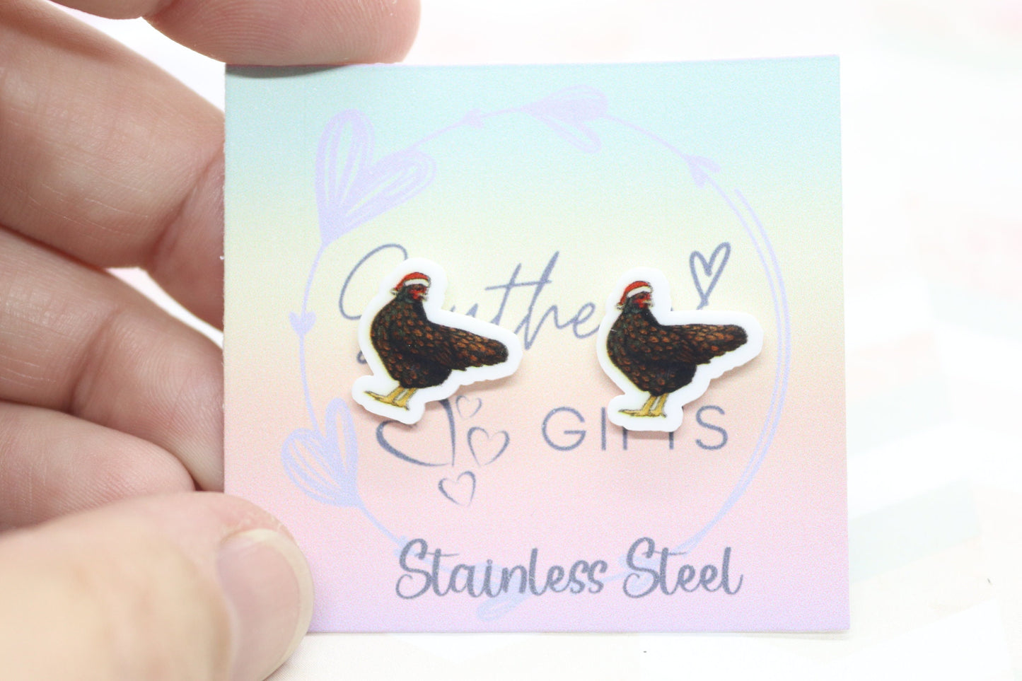 Small Christmas Chicken Statement Stud Earrings